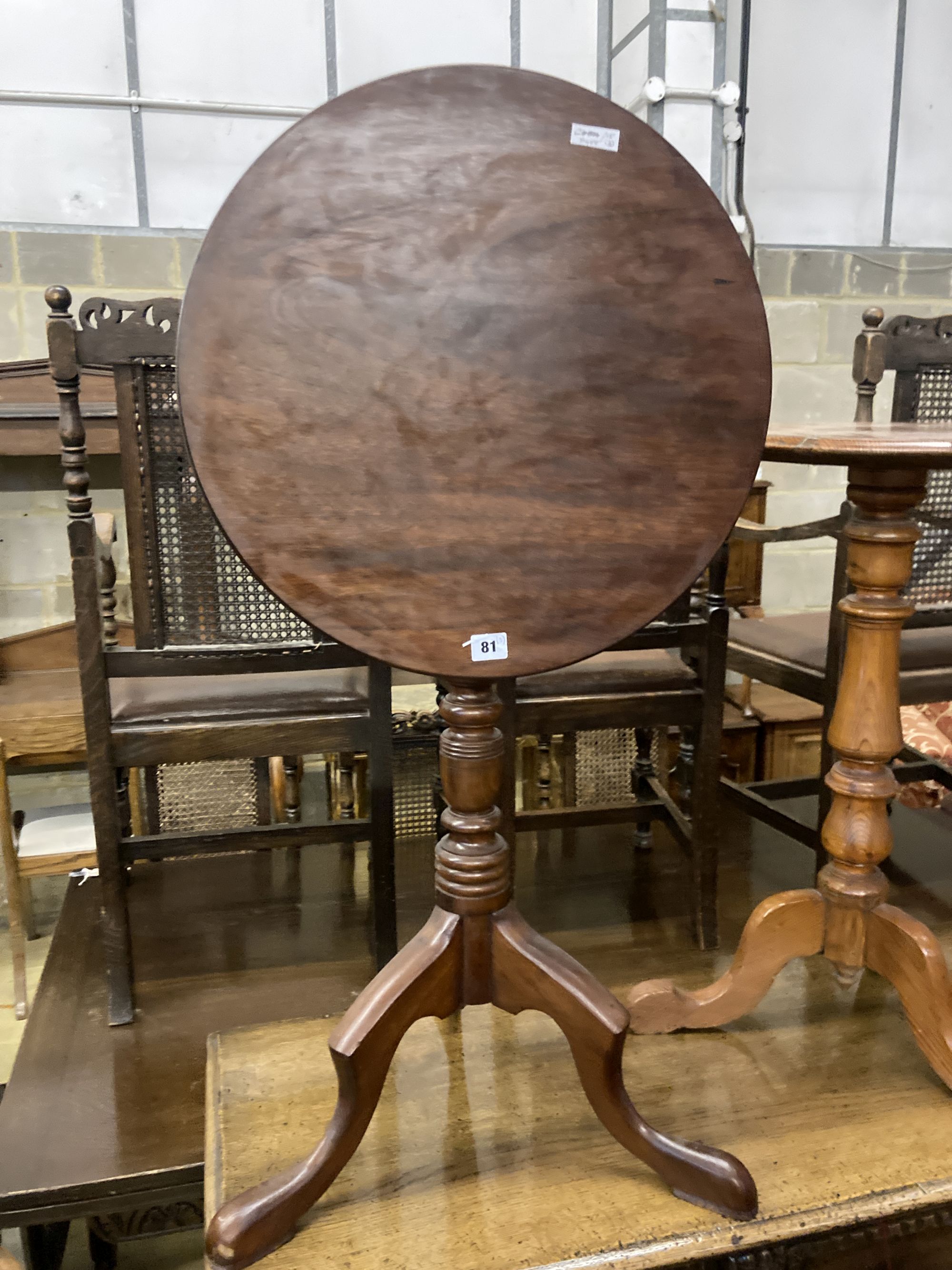 Three Victorian-style mahogany tripod wine tables, largest 49cm diameter